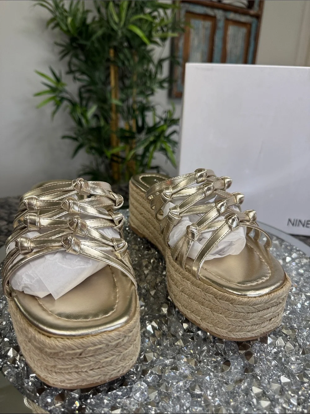 Nine West Metallic Gold Braided Espadrille Platform Slides NEW 8